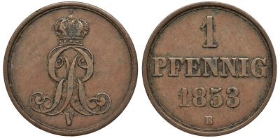 Ганновер 1 пфенниг 1853 B, Георг V KM 221, AKS 155, J. 83 медь 4594-242