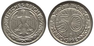 ГЕРМАНИЯ 50 РЕЙХСПФЕННИГОВ 1927 D KM 49, J. 324 никель 4556-711