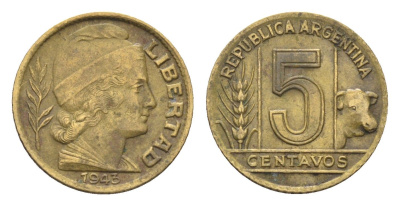 Аргентина 5 сентаво 1943 KM 40 алюминиевая бронза 4664-536