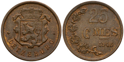 Люксембург 25 сантимов 1946 Шарлотта (1918-1964) KM 45 бронза 4532-227