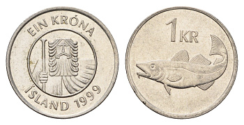 Исландия 1 крона 1999 треска KM 27a сталь плакированная никелем UNC 4687-853