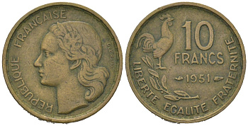 Франция 10 франков 1951 петух KM 915.1, Le Franc 363.4 медь алюминий 4164-1159
