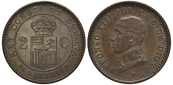 ИСПАНИЯ 2 СЕНТИМО 1911 АЛЬФОНСО XIII бронза UNC 1521-1244