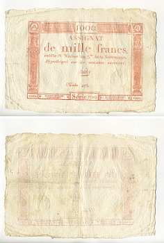 Франция 1000 франков 1795 18 Nivose An III (7.1.1795), серия 7203 № 493 Pick А80  бумага   7552-18-1-1