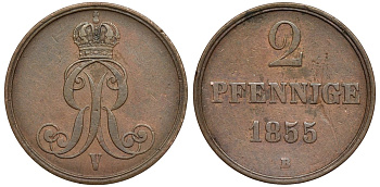 Брауншвейг-Каленберг-Ганновер 2 пфеннига 1855 B, Георг V (1851-1866) KM 217,aKS 152, J. 84 медь 4142-211