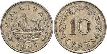 Мальта 10 центов 1972 баржа Великого магистра KM 11 медно-никель 82-433