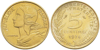 ФРАНЦИЯ 5 САНТИМОВ 1974 ТИП MARIANNE KM 933, LE FRANC 125.10 алюминиевая бронза 218-126