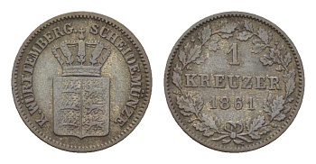 Вюртемберг 1 крейцер 1861 KM 600 серебро 4625-1012