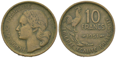 Франция 10 франков 1951 петух KM 915.1, Le Franc 363.4 медь алюминий 4164-1159