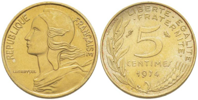 ФРАНЦИЯ 5 САНТИМОВ 1974 ТИП MARIANNE KM 933, LE FRANC 125.10 алюминиевая бронза 218-126