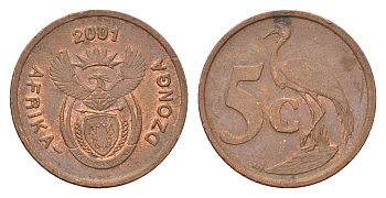 ЮАР 5 центов 2001 герб, райский журавль KM 223 сталь плакированная медью 4687-238