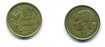 ФРАНЦИЯ 10 ФРАНКОВ 1955 KM 915.1 алюминиевая бронза 84-813