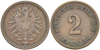 ГЕРМАНИЯ 2 ПФЕННИГА 1876 A, СТАРОГЕРБОВКА KM 2, J. 2, Weege 3 медь 212-711