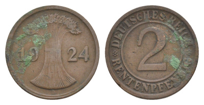Германия 2 рентенпфеннига 1924 D KM 31, J.307, Weege 3 медь 4639-1234