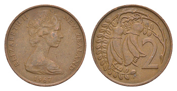 Новая Зеландия 2 цента 1967 Елизавета II (1952-2022), два цветка кохаи KM 32.1 бронза 4178-222