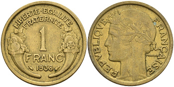 Франция 1 франк 1938 KM 885, Le Franc 219.2 алюминиевая бронза 4142-851