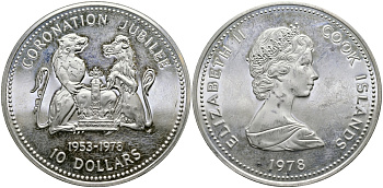 Острова Кука 10 долларов 1978 FM, 25 лет со дня коронации Елизаветы (1953-1978) KM 21 серебро PROOF 1068-3-43
