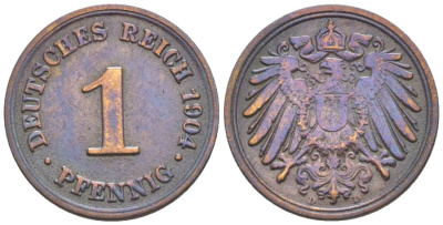 ГЕРМАНИЯ 1 ПФЕННИГ 1904 D KM 10, Jager. 10, Weege 2 медь 4528-1223