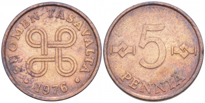 ФИНЛЯНДИЯ 5 ПЕННИ 1976 KM 45 медь 3996-1038