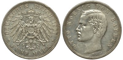 Бавария 5 марок 1907 D, Отто (1886-1913) Weege 47, J. 46, KM 512 серебро 413-5835