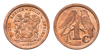 ЮАР 1 цент 1993 герб, капские воробьи KM 132 сталь плакированная медью UNC 4694-119