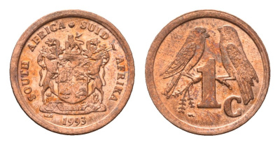 ЮАР 1 цент 1993 герб, капские воробьи KM 132 сталь плакированная медью UNC 4694-119
