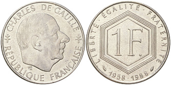 Франция 1 франк 1988 30 лет Пятой Республике, Шарль де Голль KM 963, Le Franc 227.2 никель 4159-954