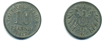 ГЕРМАНИЯ 10 ПФЕННИГОВ 1917 KM 26, J. 299 цинк 45-1245
