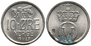 Норвегия 10 эре 1967 пчела, Улаф V (1958-1991) KM 411 медно-никель 66-151
