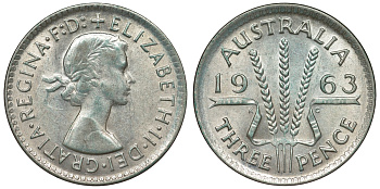 Австралия 3 пенса 1963 m, Елизавета II (1952-2022) KM 57 серебро 71-846
