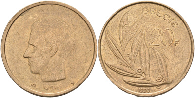 БЕЛЬГИЯ 20 ФРАНКОВ 1993 BELGIE KM 160 никель бронза 4589-817