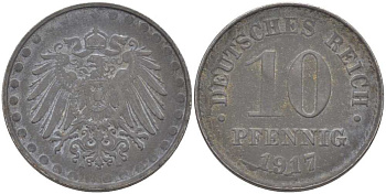 ГЕРМАНИЯ 10 ПФЕННИГОВ 1917 А KM 20, J. 298 железо 175-226