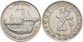 ГЕРМАНИЯ МЕДАЛЬ 1978 1100 ЛЕТ ГОРОДУ БАД-ЗЕКИНГЕНУ (878-1978), ДИАМЕТР 35 ММ. белый металл 4527-622