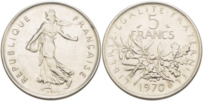 Франция 5 франков 1970 сеятель, тип Semeuse KM 926a.1, Le Franc 341.2 медно-никель плакированный никелем 4403-1132