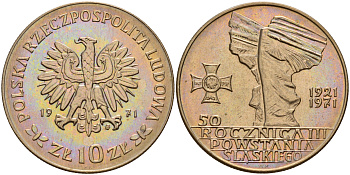 Польша 10 злотых 1971 MW, 50 лет битве за Верхнюю Силезию KM 64 медно-никель UNC 4601-1211