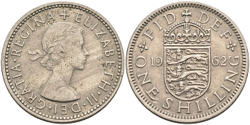 Великобритания 1 шиллинг 1962 Елизавета II (1952-2022), Английский герб KM 904, Spink 4147 медно-никель 4586-943