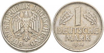 ФРГ 1 МАРКА 1954 J KM 110, J. 385 медно-никель 3718-1043