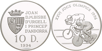 Андорра 10 динеров 1994 XXVI Олимпийские игры 1996 года велоспорт KM 95 серебро PROOF 1088-9-11