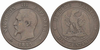 ФРАНЦИЯ 10 САНТИМОВ 1855 MA, НАПОЛЕОН III (1852-1870) KM 771.6, LE FRANC 133.29 бронза 38-1125