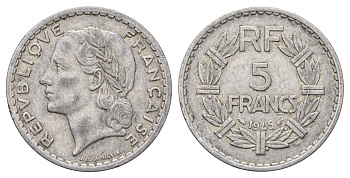 Франция 5 франков 1945 KM 888b алюминий 4168-615