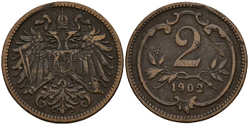 Австрия 2 геллера 1902 Франц Иосиф I (1848-1916) (1848-1916) KM 2801 бронза 4158-515