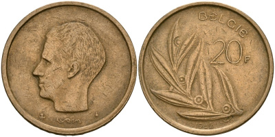 Бельгия 20 франков 1982 Надпись на голландском - 'BELGIE' KM 160 никелевая бронза 4162-745