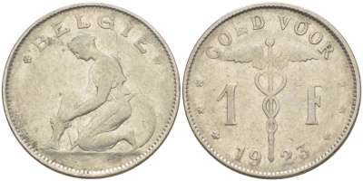 Бельгия 1 франк 1923 Belgie, Альберт I (1909-1934) KM 90 никель 51-353