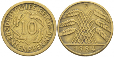 ГЕРМАНИЯ 10 РЕНТЕНПФЕННИГОВ 1924 J KM 33, J. 309, Weege 8 алюминиевая бронза 4539-1015