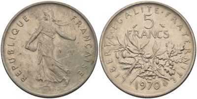 Франция 5 франков 1970 сеятель, тип Semeuse KM 926a.1, Le Franc 341.2 медно-никель плакированный никелем 4590-531