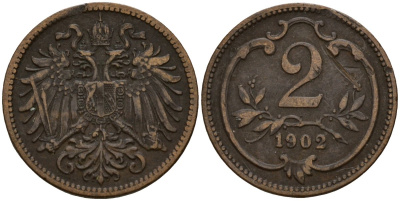 Австрия 2 геллера 1902 Франц Иосиф I (1848-1916) (1848-1916) KM 2801 бронза 4158-515