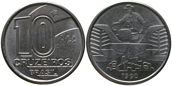 Бразилия 10 крузейро 1990 KM 619.1, Schon 128 нержавеющая сталь 4519-1123
