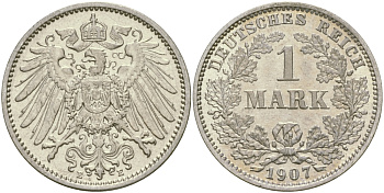 Германия 1 марка 1907 E Weege 18, J. 17, KM 14 серебро aUNC 65-217