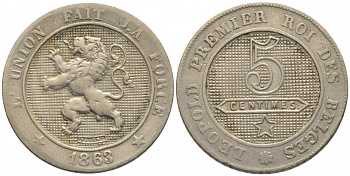 БЕЛЬГИЯ 5 САНТИМОВ 1863 BELGES KM 21 медно-никель 105-1035