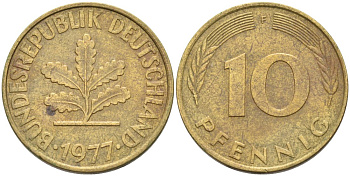 ФРГ 10 пфеннигов 1977 F KM 106 сталь плакированная латунью 4571-542